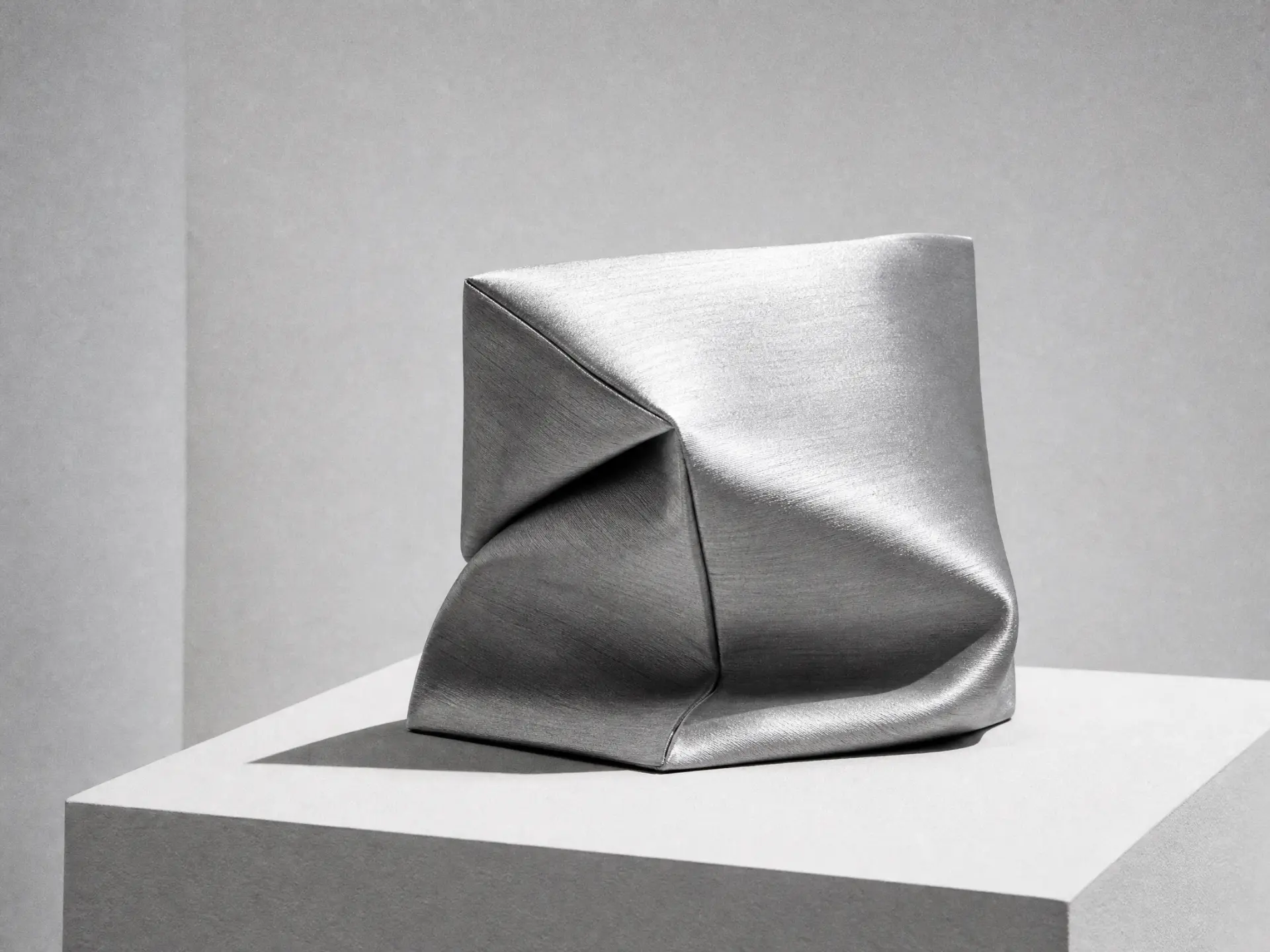 A folded brushed-silver sculpture on a pale plinth